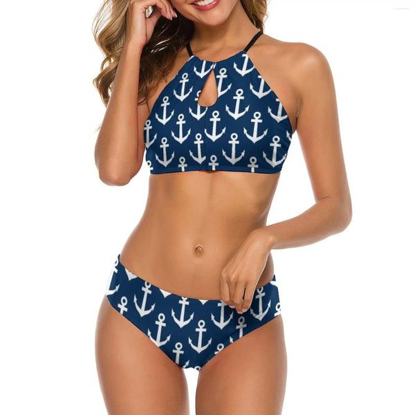 Frauen Badebekleidung sexy navyblau Nautische Bikini -Schiffs -Ankermuster Einfacher Badeanzug Push Up Sling -Design Badeanzüge