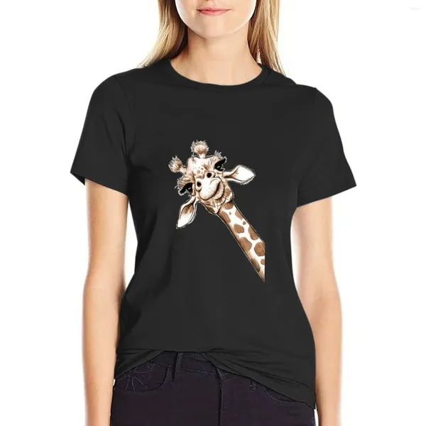 Polos femininos esboço de girafa Arte Camiseta engraçada camisa de estimação de animais enormes para meninas algodão