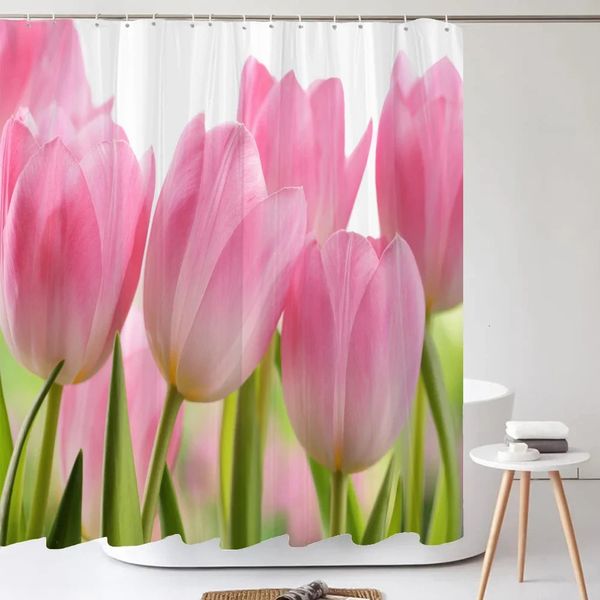 3D Tulpe frische Blumen Haifischdusche Vorhänge Badezimmer wasserdichte Badvorhang Polyester Stoff mit Haken Dekorative Badebildschirm 240512