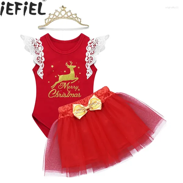 Kleidungssets 3PCS Weihnachten geborene Baby Girls Kleidung Weihnachts -Set Elchhirschdruck fliegendes Ärmeln Strampler Tops Mesh Tutu Rock Stirnband Outfit