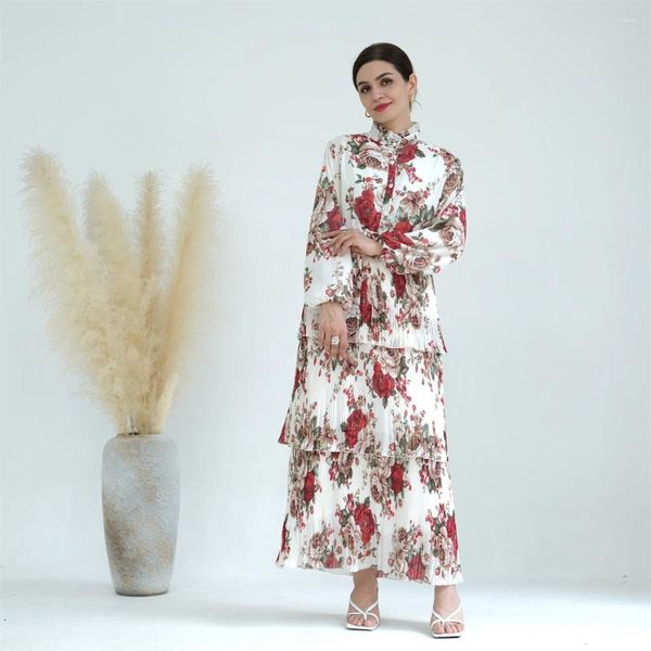 Ethnische Kleidung Frauen floraler Druck Chiffon Langarm Maxi Kleid elegant geschichtete Abaya Dubai Türkei Kaftan Mode Abend Patry Kleid