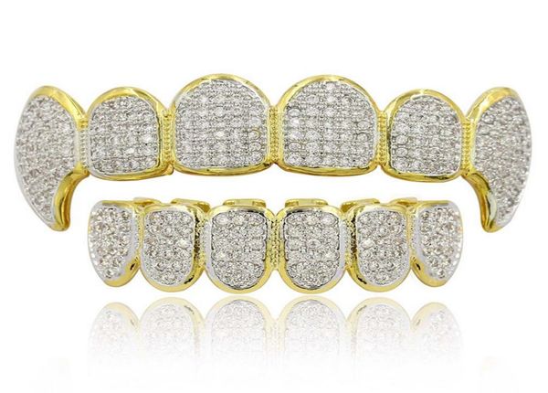 Hip Hop Grillz Luxus grelles Zirkon Micro Pave Dental Grills 2019 Mode Männer Frauen 18K Gold plattierte Zähne Klammer 2 Piece Set Whole2110245