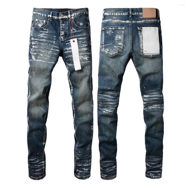 Calça feminina moda moda roxa roca jeans com tinta azul escura e prata de tinta de prata Repair denim magro de baixa subida