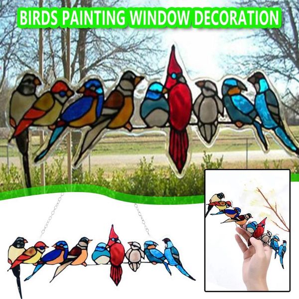 Estatuetas decorativas acrílico cancelador de decoração pássaros pendurados na janela pássaro mini manchado decoração de casa ooh lâmpada de contas