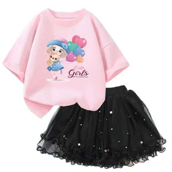 Kleidungssets Sommer Kinderkleidung Kleidung Set Ballon Mädchen süßes T-Shirt und Tutu Mesh Rock 2-teilige Set Schöne kleine Mädchen Kleidung Set Fashion Setl2405