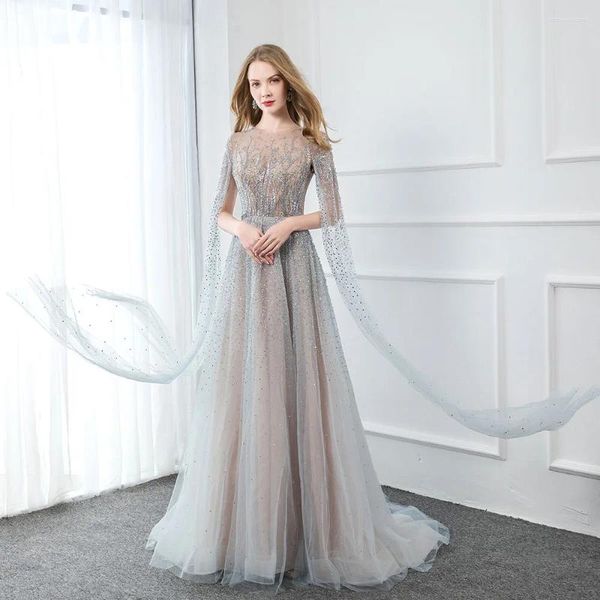 Abiti per feste Yqlnne 2024 Cristalli di lusso in perline da sera in perline Long O Neck Silver Tulle con manica a scialle eleganti abiti formali