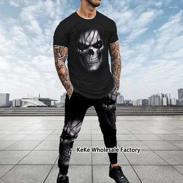 Trechas de t-shirt de trajes masculinos Men Sets Sets Skin Skull 3D Impresso 2 peças Roupas de manga curta de manga curta