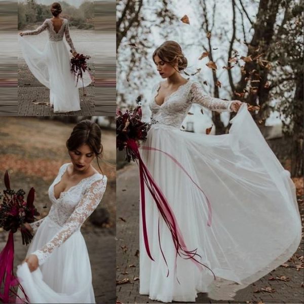 2021 Abiti da sposa a V Deep V Abiti a maniche lunghe smerlati in pizzo Lunghezza pavimento in chiffon illusione abito da sposa su misura vestido de 283f