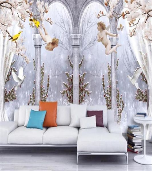 Europäische 3D -Wandbedeckung Tapete Elegante Engel Römische Kolonne Dove Charakter Wallpapier Wohnzimmer Schlafzimmer Innenausstattung Wa1464656