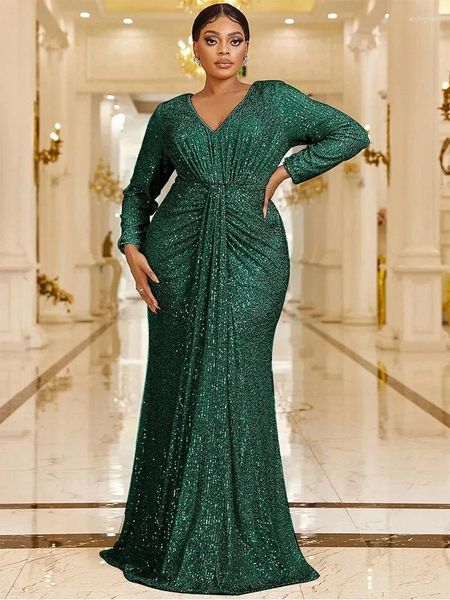 Платья для вечеринок плюс размер V-образный выстрел темно-зеленый блестящий вечерний платье длиной до полов 4xl 5xl Big Shiny Long Wedding