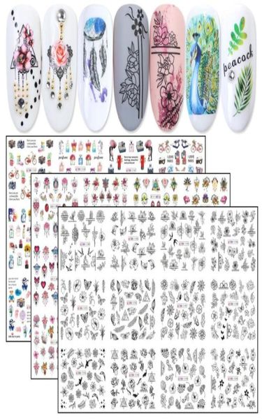 12 pezzi di trasferimento di nail art decalcomanie adesive d'acqua colorate per unghie per unghie fiore di cursori neri tatuaggi di manicure jibn112912129352385