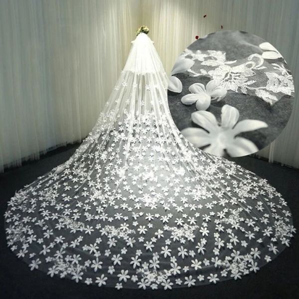 3D çiçek uzun düğün perdesi bir katman tül ruffles vestido de noiva beyaz fildişi özel yapım zarif gelin sargıları ile tarak 210f