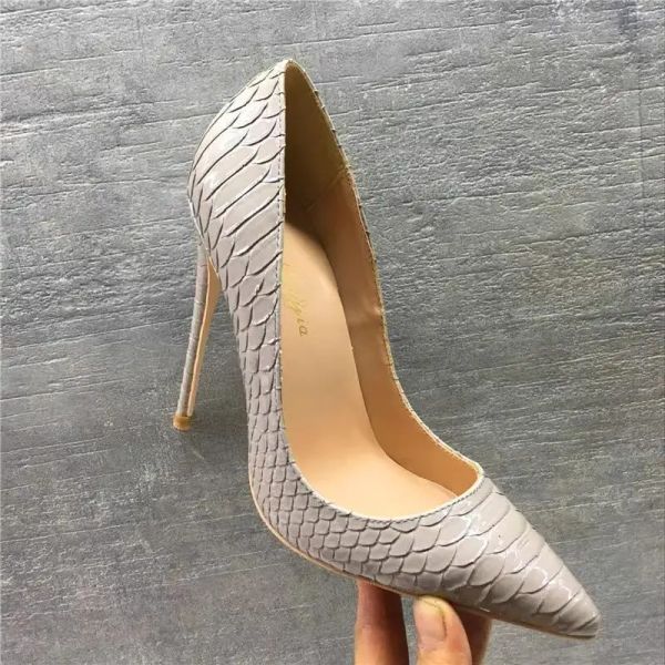 Graue Schlangenleder Patentleder Frauenschuhe Super High Heels Hochzeitsschuhe große Größe 33 43 44 45, Dünne Spitze High Heel Schuhe