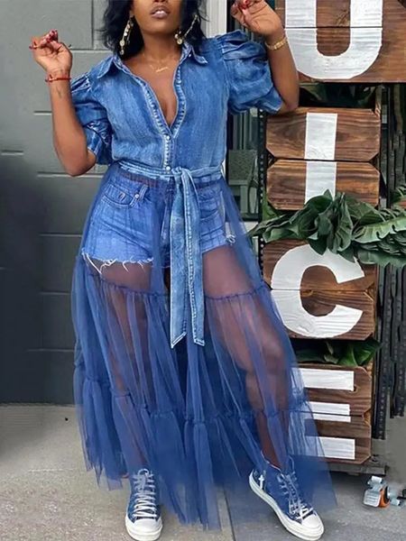 Abbigliamento da abbigliamento taglie forti eleganti eleganti abiti da jeans lunghi in denim mesh patchwork ladies jeans all'ingrosso goccia 240430