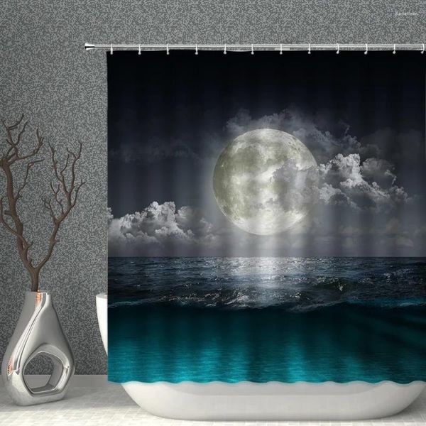 Cortinas de chuveiro Estrela de lua Estrela impermeabilizada marinho azul planeta planeta água Earth Ship Banho Cortina Banheiro Decoração de banheira
