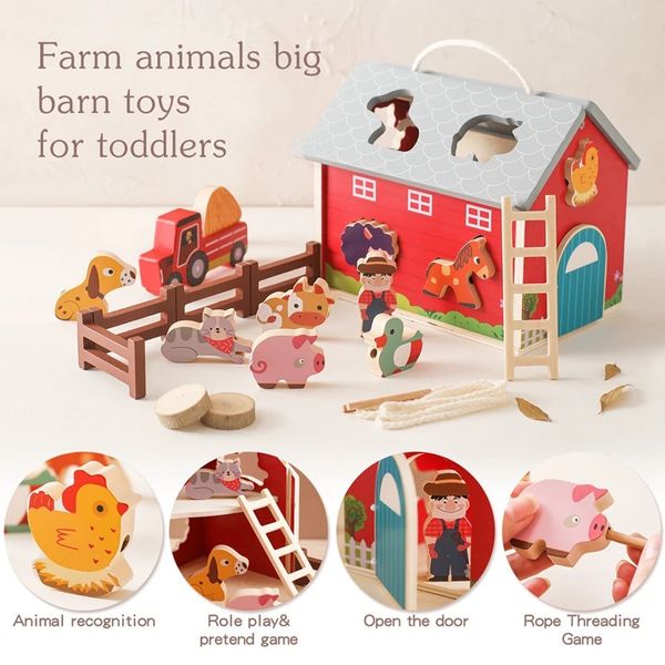 Montessori Toys Holz simulierte Farm -Szenen -Szenen Spielzeug Babyform Matching Tiere Threading Toys Kinder Puzzle Blöcke Geschenke 240510