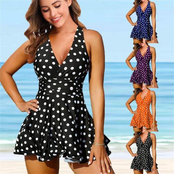 Costumi da bagno femminile alla moda a pois stampato con gonna in stile bikini split body tankini