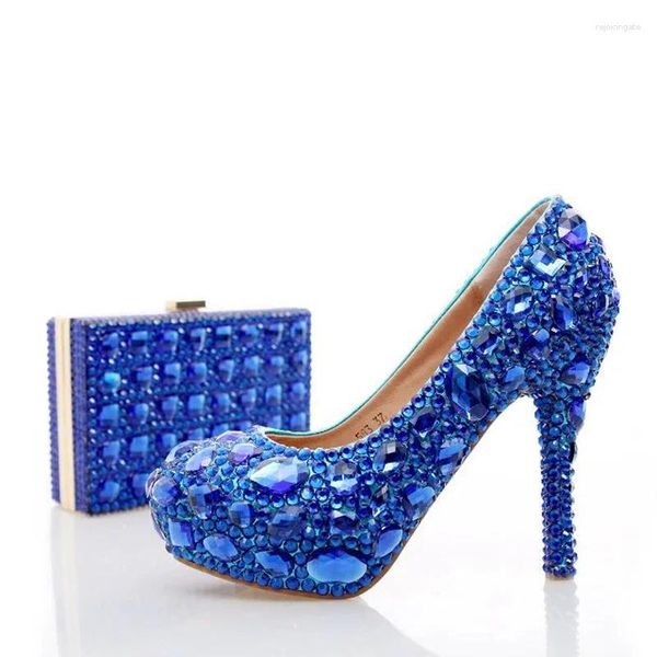 Scarpe eleganti matrimoni di rinestone blu royal con sacchetti abbinati in cristallo di moda per tacchi alti clutch da ballo da ballo da ballo da sposa