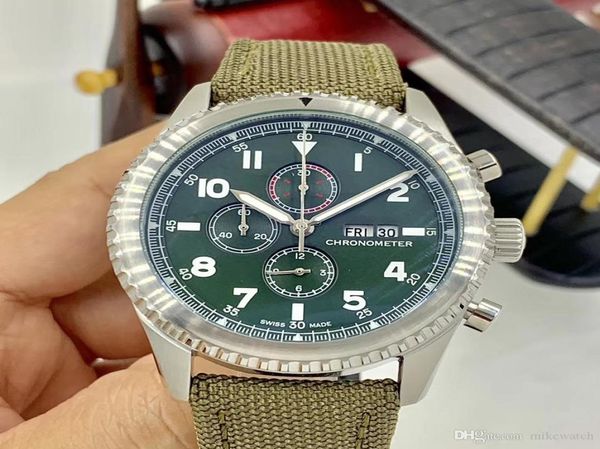 Special Eagle Curtiss Quarz arabische Ziffernstunden -Stunde Funktionaler Herren Uhren Navitimer Watch Green Dial Fabric Band Wristwatch7782801