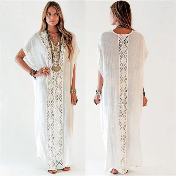 Patchwork in pizzo bianco coprire la spiaggia di oversize tunica in cotone kaftan solido pareo bikini maxi vestiti