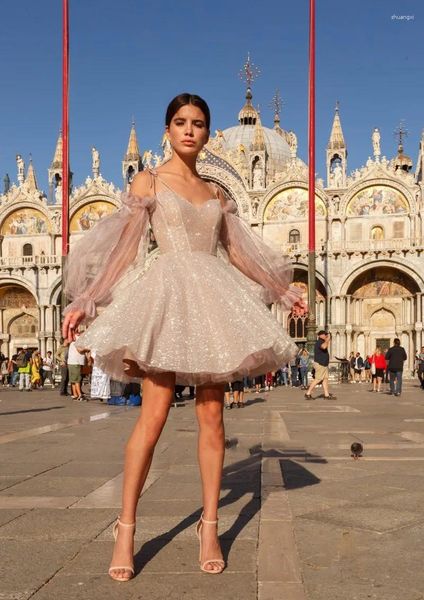 Vestidos de festa Glitter PROM Dress lantejoulas de grau de grau de grau de grau de graduação Spaghetti Manga longa Uma linha curta regresso a casa 2024