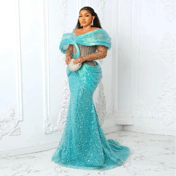 Abiti da festa scintillanti blu aqua africana plus size 3d pieghettata dalla spalla abito da ballo di nozze