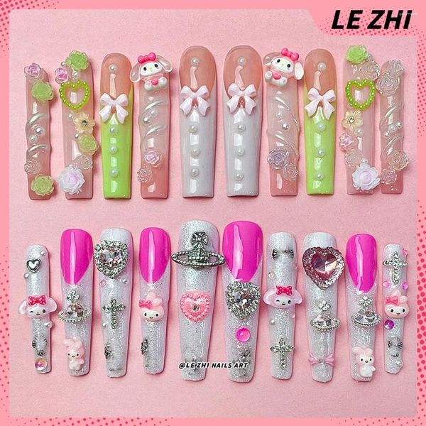 FORNO PARTY XXXL LUNGO RECTALLY BAFFIN MYMELODY Kawaii Press on Nail art Spring Flowers fresco Bow Pearl Love Diamond Glitter Gift