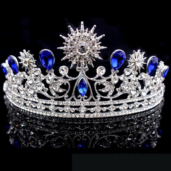 Retro Royal Blue Hochzeitskrone Tiara Kopfbedeckung für Prom Quinceanera Party Verschleiß Kristallperlen Hochsteckfrisur Halbhaarschmuck Brautschmuck 2 223n