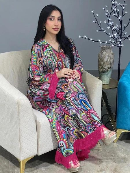 Abbigliamento etnico marocchino kaftan dubai donne musulmane stampare abito maxi lungo abito di nappe veste eid ramadan islam jalabiya abaya