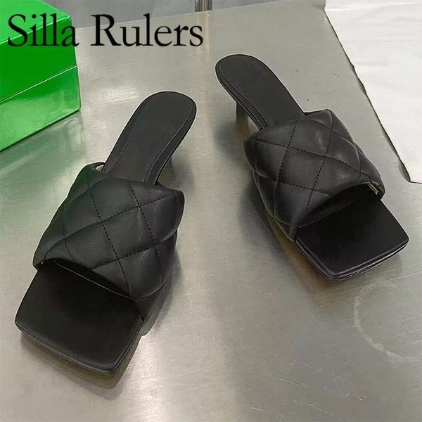 Slippers 2024 Real Leather One Strap Kitten Heal Women Square Toe Peep do lado de fora das mulas Sexy Slingback Party Party Shoes