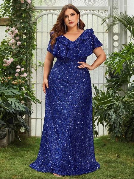 Partykleider Plus Size V Hals Ruffen Royal Blue Floor Stehend Abendkleid 4xl 5xl große Sommerhochzeit für Frauen 2024