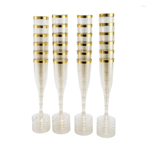 Copas descartáveis palhas flautas de champanhe plástico com glitter dourado e aros reutilizáveis de mimosa copos para decorações de festas
