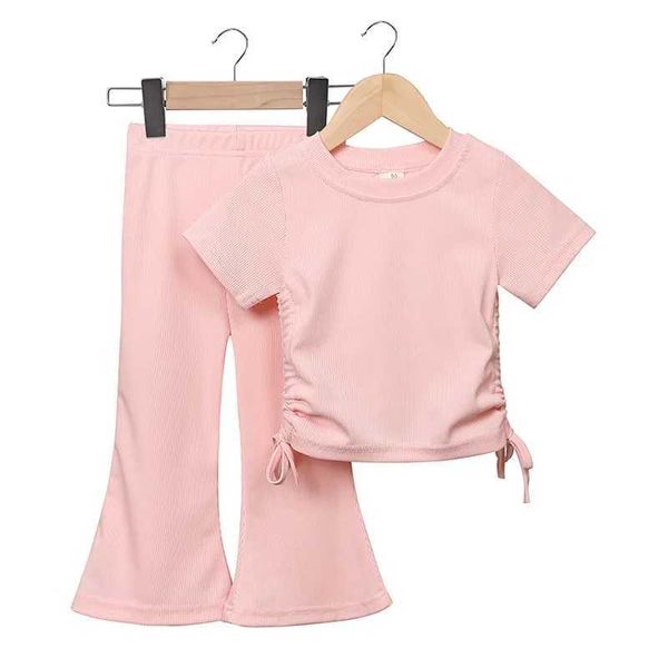 Set di abbigliamento set di abbigliamento set di abbigliamento Summer 2024 Nuova t-shirt a colori solidi+2 pantaloni/set set casual bambino set da 1 a 8 anni Childrens setl2405