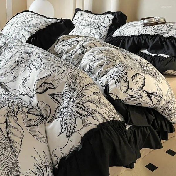 Set di biancheria da letto 2/3pc French Vintage Black Ruffles COPERCHE COPERCHI