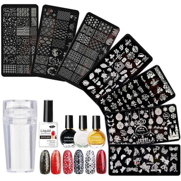 Nagelkunst Kits Nagelkunst Stempelplatten Kit für Nagelmaniküre mit 10 ml Weiß/ Schwarz/ goldener Nagellacköl Stempel Anti-Overblue-Klebstoff Set T240510