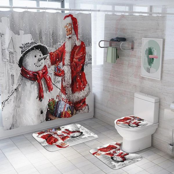 Duschvorhänge Schneemann Santa Claus Vorhang Set Nicht-Schlupf-Badezimmermatte Teppich Teppich wasserdichte Toilettensitz Kissen Bad Weihnachtsdekoration