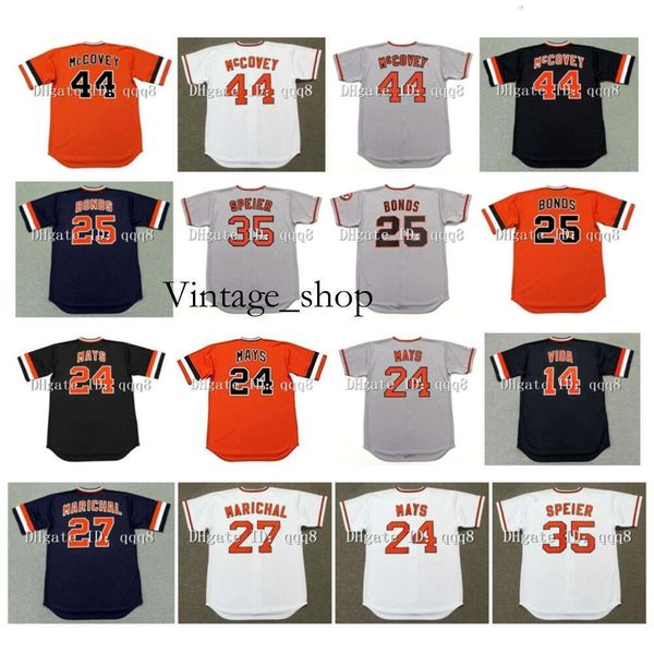 Vin Retro 44 Willie McCovey 25 Barry Bonds 24 Willie Mays 14 Vida Blue 35 Chris Speier 27 Juan Marichal Grey Orange Black Baseball vintage Vintage Baseball