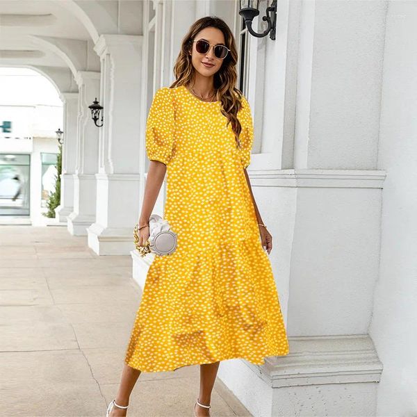 Vestidos casuais vestido de verão 2024 manga curta feminina de pão amarelo impressão de bolinhas de peplum soltum prague