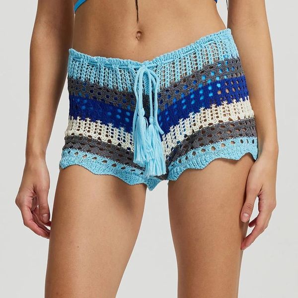 Kadın Şortları Kadın Tığ işi Sarongs Kontrast Stripe See-Through See-Threugh Beach Yaz Bikini Dipleri Yüzmek