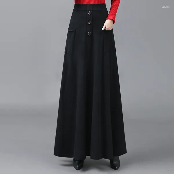 Saias elegantes moda quente malha grossa saia maxi com botão bolso 2024 cintura elástica de inverno grande swing knit saas feminino