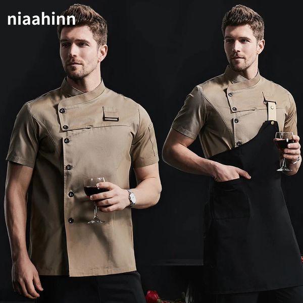 Unisex Catering Coat Chef Uniform atmungsaktive Küche Kochjacke Restaurant El Cafe Barber Shop Kellner Arbeit Hemd Schürze 240430