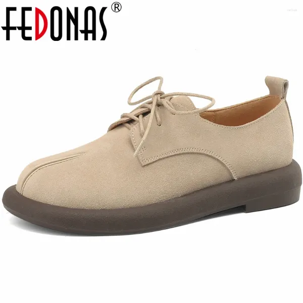 Scarpe casual fedonas donna vintage pompa design di moda tondo tondo vera pelle lace-up tacchi bassi donne che lavorano primavera estate