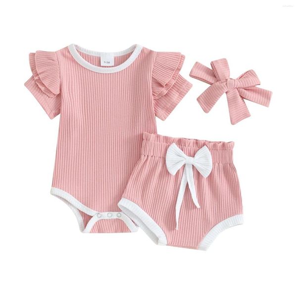 Conjuntos de roupas fofos menina menina verão 3pcs roupas abaladas de manga curta o romances de pescoço bowknot shorts para a cabeça das meninas 0-18 meses