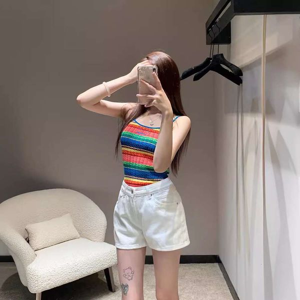 Primavera e verão New MIU Home Home South Oil High Goods Roupas Rainbow Stripe Dopamina Slim Knit