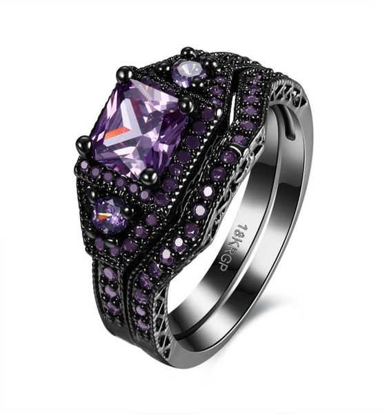 Princess Cut 5mm 1Ct Amethyst Bridal Jewelry 18K Black Gold Plated Women039S Conjunto de Anel de Casamento 5128419611