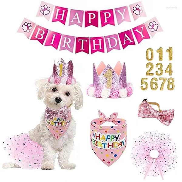 Dog Apparel Birthday Party Supplies Pet Puppy Decoration Sconst Hat Tutu Salia Coroa gravata borboleta Banner Triângulo Garota