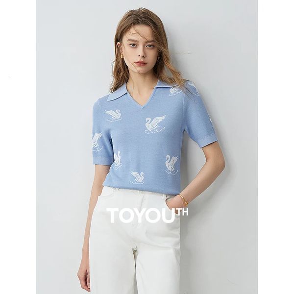 Camisa de malha feminina de Toyouth 2024 Cisan de verão Jacquard VShaped Polo Polh Deck Top de manga curta 240429