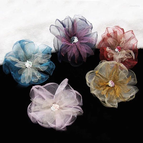 Flores decorativas 10pcs 11,5 cm de gaze fios 3d colorido dupla flor flor artesanal handwearwares sapatos chapéus acessórios de decoração de vestido