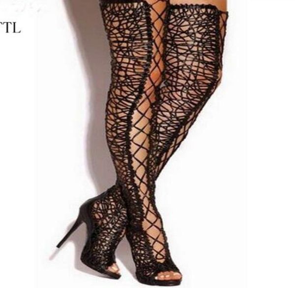 Sexy Black Lace Over the Knee Boots Women Peep Toe Lace Up Sapatos de salto alto Mulher cruzada amarra a coxa Botas altas para Woman3869069