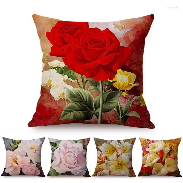 Cuscinetto decorazione in stile rosa rosa floreale floreale per olio vaso di pittura art stampare in cotone in cotone divano quadrato divano cojines